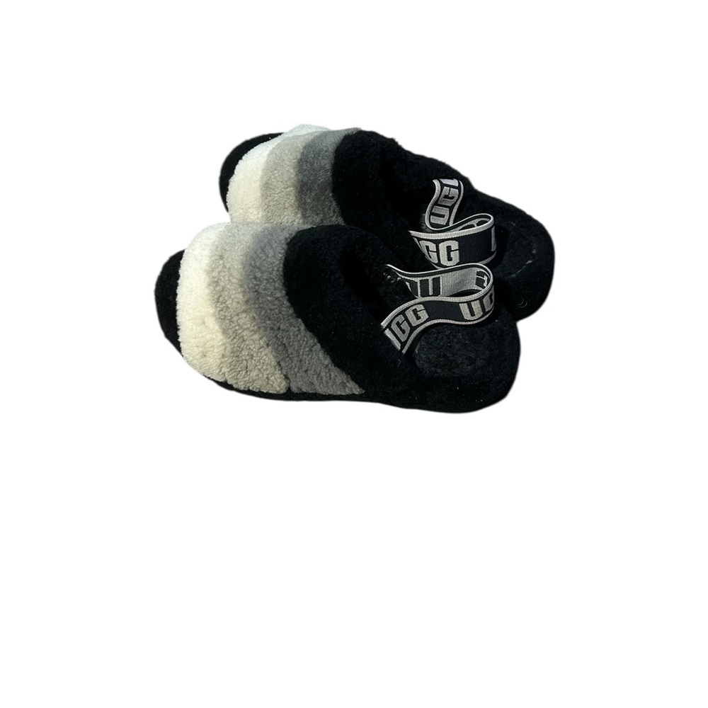 UGG fluff Yeah Slides black gray white ombre design with elasticized straps Sz 9